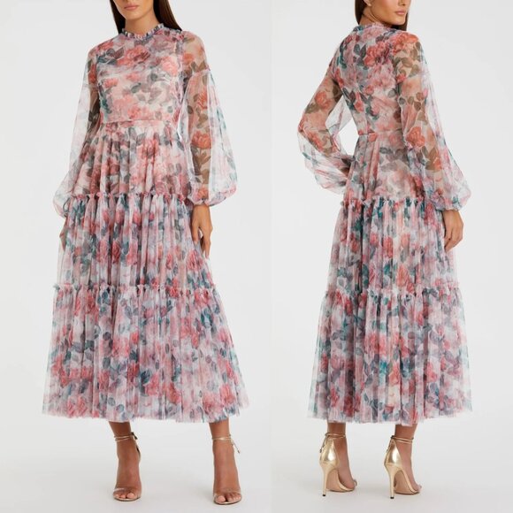 Mac Duggal 11405 Womens High Neck Long Balloon Sleeve Tiered Tulle Midi Dress - Picture 4 of 4